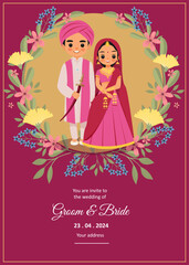 Indian Wedding Invitation Cards featuring adorable Bride and Groom, adorned with floral decorations - Vector Illustration
