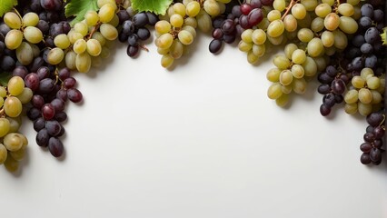 Bunch of grapes on wooden background, isolated Fresh, ripe grapes, green and red Healthy fruit cluster with leaves