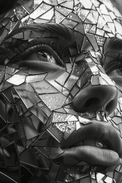A mosaic of mirrored tiles that reflect the viewerâ€™s own face, fragmented and reassembled into a n