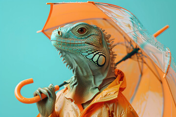 Iguana in orange raincoat with matching umbrella. Concept of seasonal protection - 792945456
