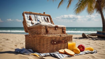 Relaxing beach scene with trees, sea, and picnic basket under the sunny sky