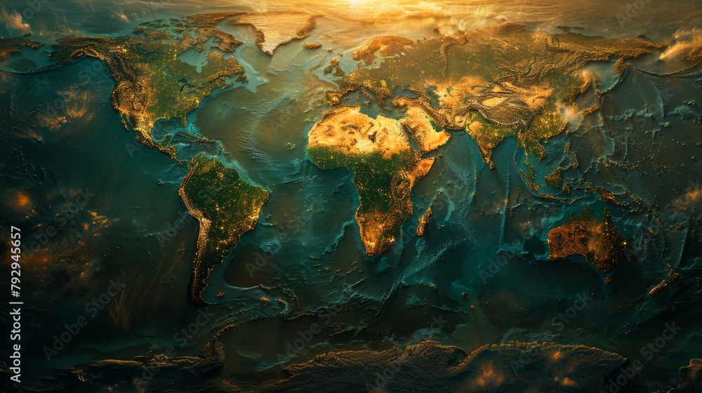 Aufkleber Technology data on a world map with futuristic terrain