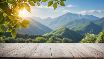 Wooden table amidst mountain landscape under summer sky with green meadows and trees