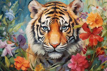 Tiger Portrait with Colorful Flowers Painting
