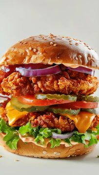 A large burger with lots of toppings including onions, tomatoes, pickles