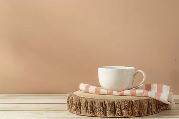 Serene morning coffee moment captured on a rustic wooden table against a beige backdrop