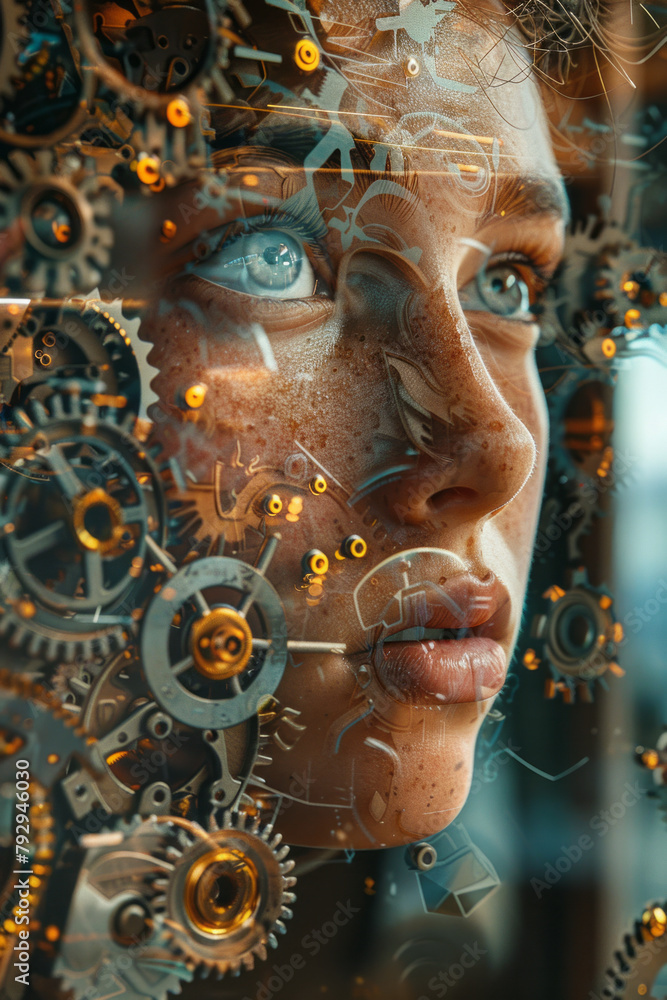 Poster an interactive digital portrait made of moving gears and cogs, each piece shifting to reveal differe