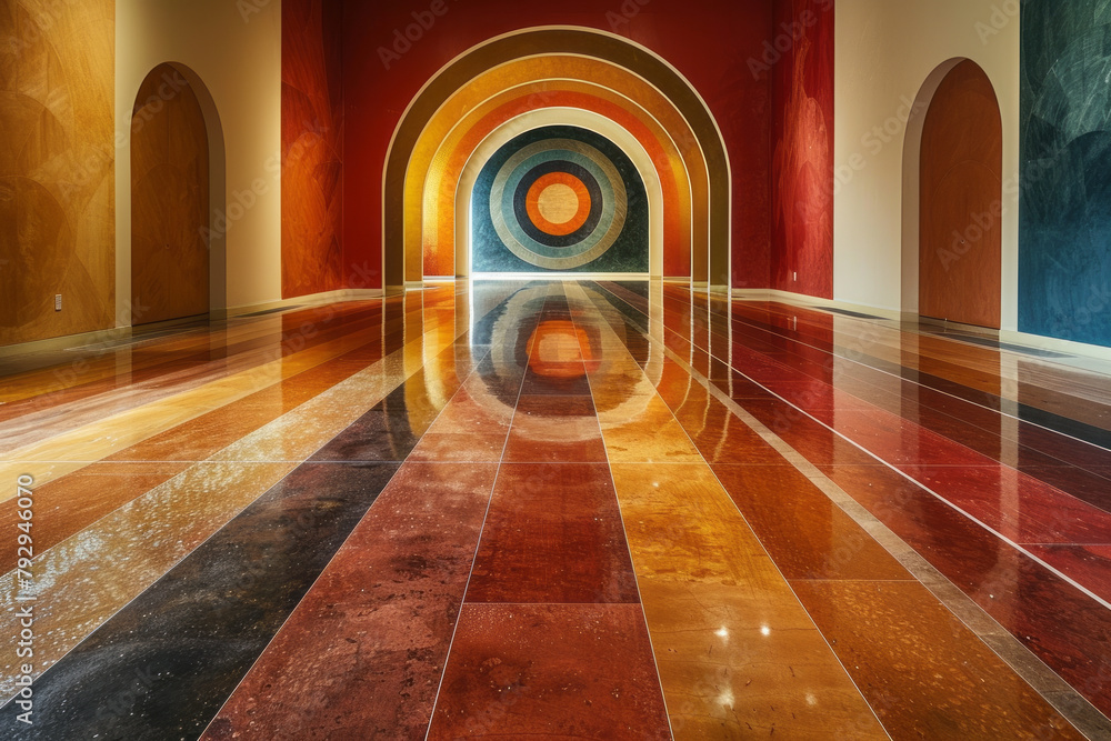 Poster a photograph of a large-scale floor installation in a gallery, composed of various colored sands arr