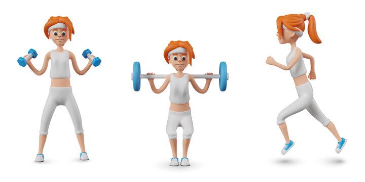 Female character doing sports exercises. Woman trains with dumbbells, squats with barbell, runs