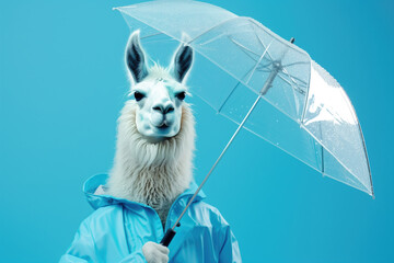 Naklejka premium Fluffy llama with clear umbrella in light blue raincoat - rain weather preparedness.