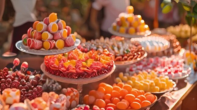 Catering candy bar food buffet in garden, festive sweet dessert celebration party event