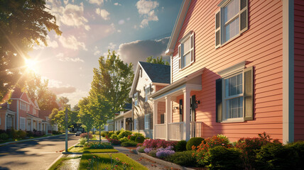 A sunny coral-colored house adorned with siding and shutters casts a warm glow in the suburban neighborhood, welcoming residents and visitors alike on a bright sunny day. - obrazy, fototapety, plakaty