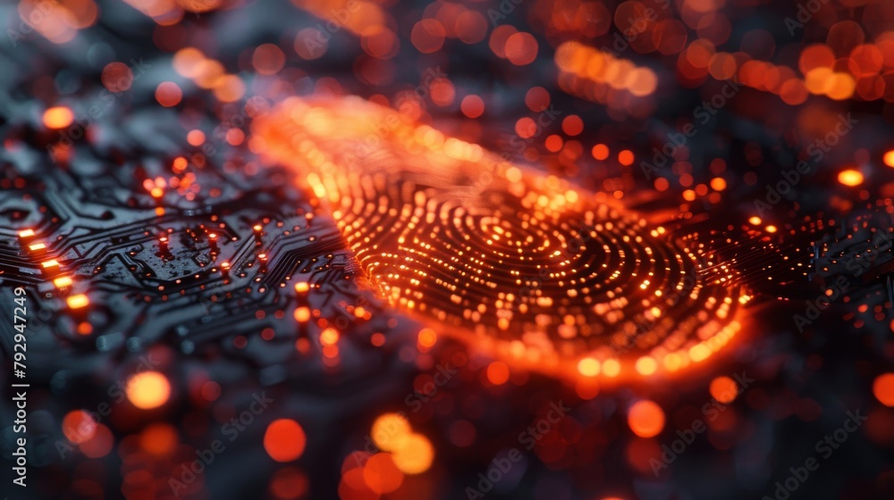 Poster Concept for cyber security technology using an isometric fingerprint, a futuristic fingerprint that stores data