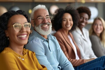 Portrait of smiling senior businessman in eyeglasses looking at camera with group of diverse colleagues sitting in background. Multiethnic business people working together. Teamwork concept