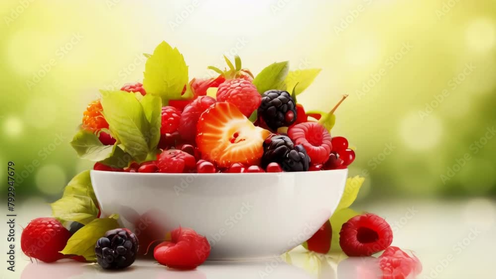 Wall mural A bowl of fruit with strawberries and raspberries - Wall murals