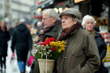 Elderly woman with a bouquet of flowers.