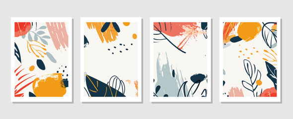 set of abstract vector backgrounds featuring tropical leaves. Hand-drawn textures suitable for wall decoration, postcard designs, or brochure covers.