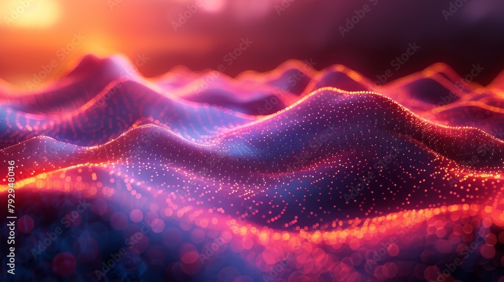 Poster a colourful low poly terrain with elements illustrating big data technology