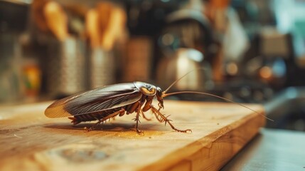 cockroach on a wooden kitchen board with blurred background in high resolution