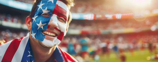 US American football soccer fans in a stadium supporting the national team, Face painted in flag colors,  Soccer Boys
 - obrazy, fototapety, plakaty
