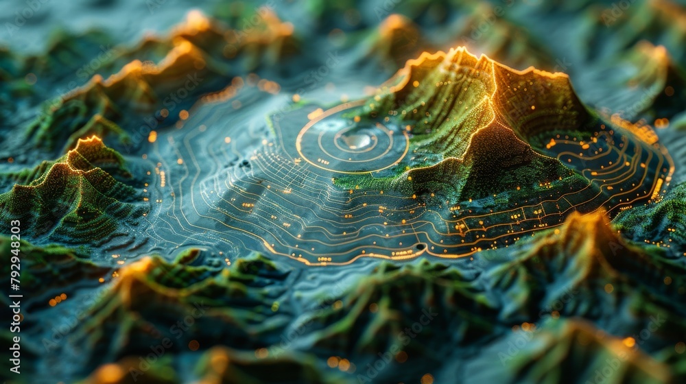 Poster An aerial view of the terrain with a digital radar interface, illustrating the concept of communication technology