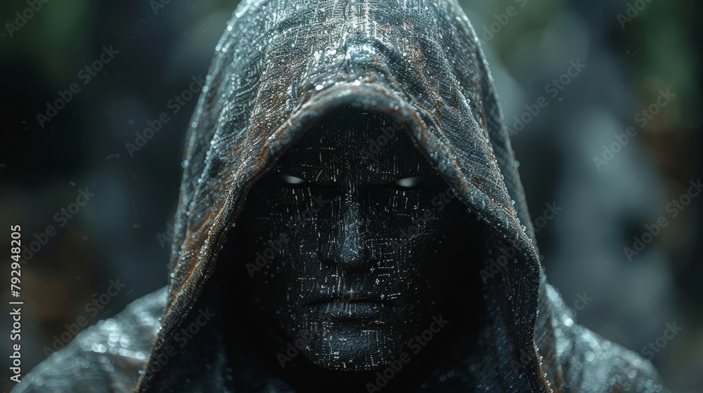 Poster A concept of cyber crime or hacking, a man under a hooded shirt with a computer programming script.
