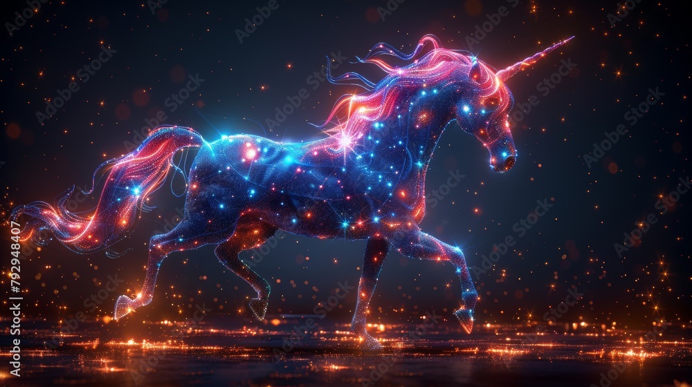 Poster An electronic pattern and a unicorn are combined to form a symbol of business startup.