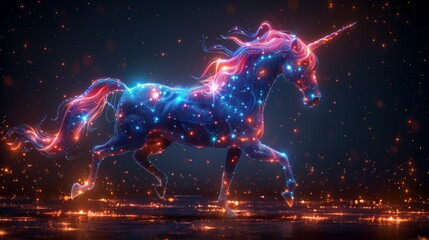 An electronic pattern and a unicorn are combined to form a symbol of business startup. - obrazy, fototapety, plakaty