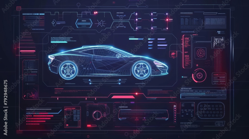 Poster virtual graphical interface. scanning, analysis, diagnosis, and selection of car parts. car service 