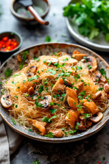 vermicelli with shrimp and mushrooms on a plate. selective focus.