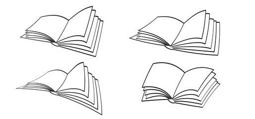 Cartoon open book and pages. Education concept. Line drawing. Opened books sign. Book store logo. Flying pages. World book day. Pencil with hand, line drawing.