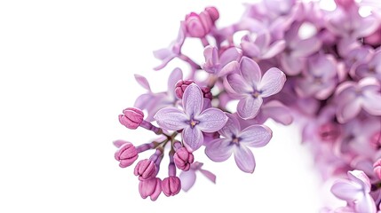 A stunning close up of a purple lilac flower stands out beautifully against a pure white background