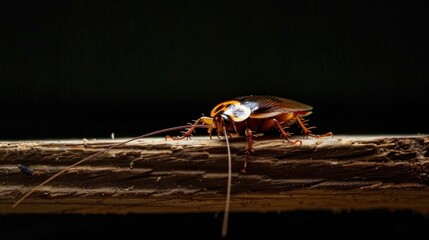 Cockroach on a wooden kitchen board with blurred background in high resolution and high quality. concept pests, animals, kitchen