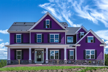 A vibrant violet house with siding, nestled on a grand lot in a quiet subdivision, boasting traditional windows and shutters against a blue sky. - obrazy, fototapety, plakaty