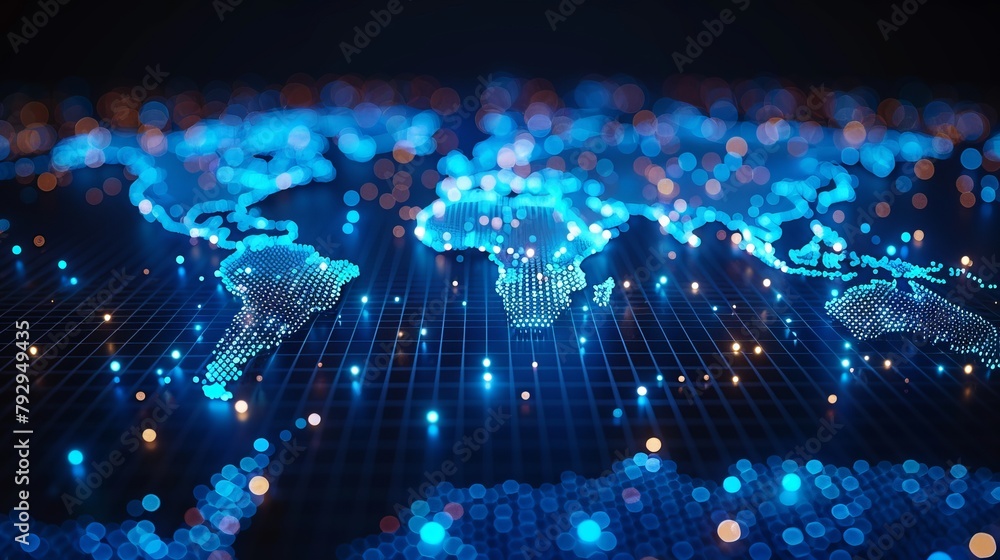Poster A futuristic world map globe with dots representing communication technology