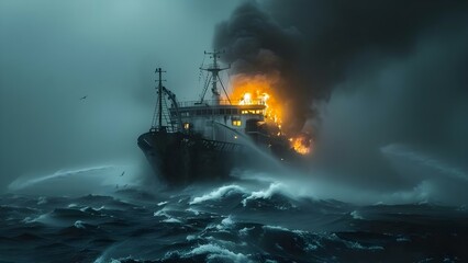 Maritime Disaster: Ocean Liner Ship Ablaze in Stormy Sea. Concept Shipwreck, Ocean Disaster, Maritime Accidents, Stormy Seas, Rescue Operation - obrazy, fototapety, plakaty