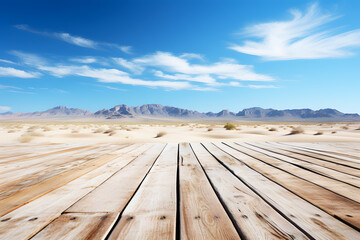 Empty brown wooden floor or table. Desert brown and mountain. Cloud sky with bright sunlight is blur background. Summer dry place. Realistic clipart template pattern.