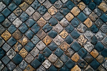 Aerial view of cobblestone pavement of an old town square's cobblestone streets, street photography