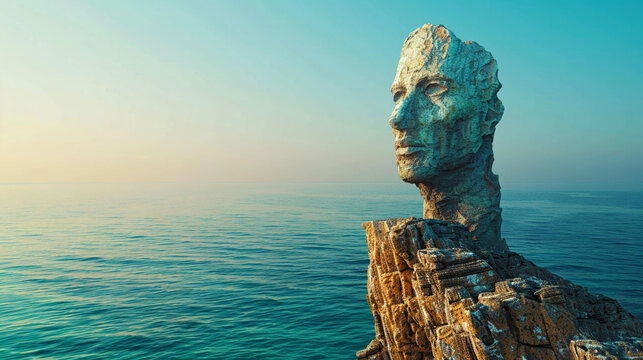 Fantasy giant statue overlooking a tranquil sea, clear horizon, space for text