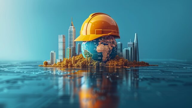 Global construction industry infographic with globe and engineer cap