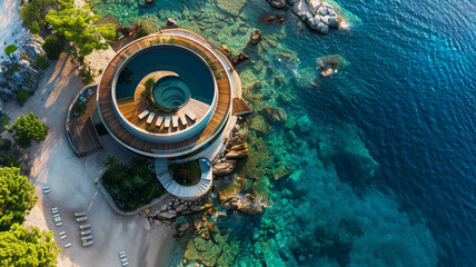 Beachfront property with a unique circular design, offering 360-degree views of the surrounding sea, captured in high-definition.