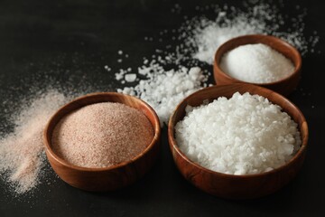 Fototapeta na wymiar Different types of organic salt in bowls on black table, closeup