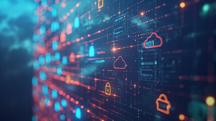 Obraz premium virtual screen with IT and digital technology icons on dark background, concept of network security or cloud services for business using in the style of it posturein blue-orange shades