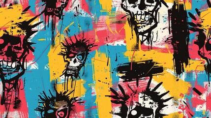 punk pop rock style skull elements with color splash abstract background, seamless pattern tile, Generative Ai