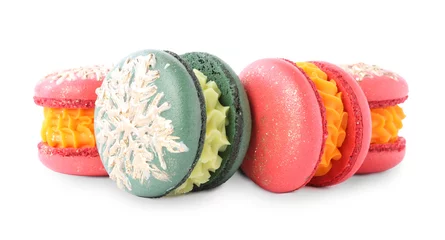 Fotobehang Beautifully decorated Christmas macarons isolated on white © New Africa