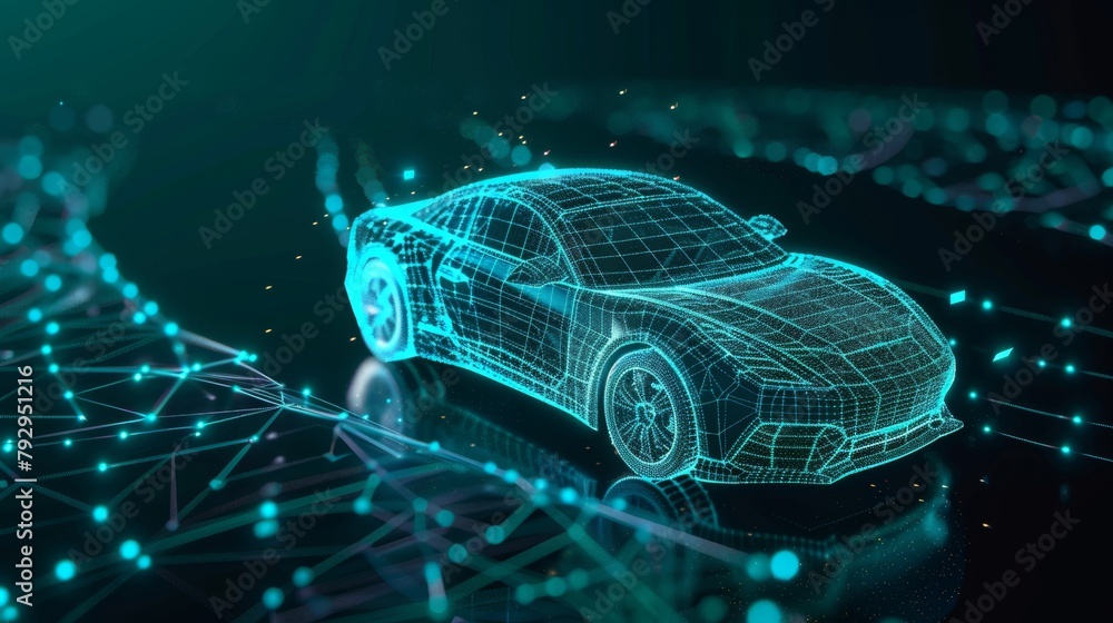 Wall mural the 3d wireframe car model rotates in black virtual space. car isometric banner in the abstract styl