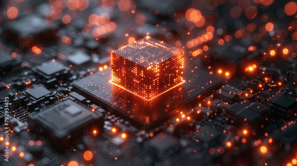 Poster Concept of quantum computing, graphics of a microchip with a futuristic cube and technology elements presented in an isometric view