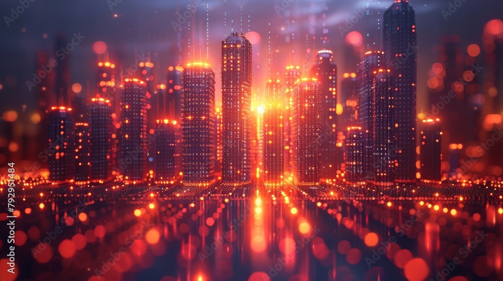 Poster building graphic combined with electronic pattern of a smart city.