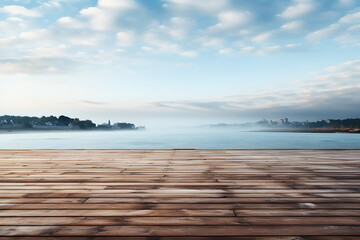 Fototapeta premium Empty brown wooden floor or table blur background mountain river, lagoon, lake, sky. Covered with thick white fog morning mist. Abstract Texture. Landscape from nature, creativity.
