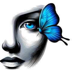 Cara con  mariposa azul minimalista - obrazy, fototapety, plakaty